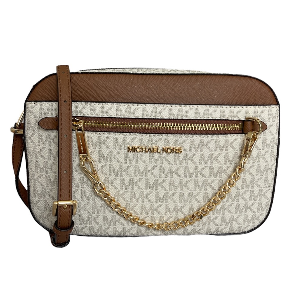 Michael Kors Crossbody Bag Jet Set Large Leather MK print logo Vanilla